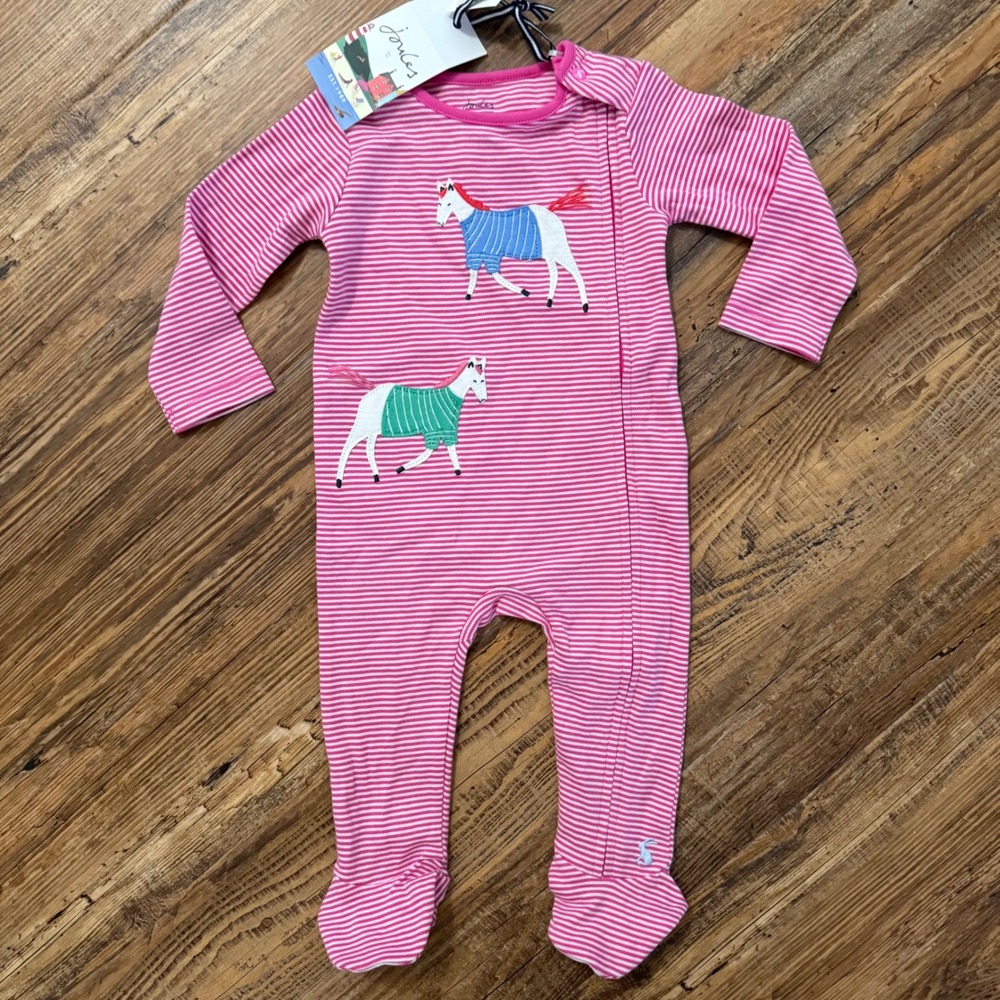 NWT Joules Zippy Sleeper Jumper Baby 6-9M Pink Striped Horse Organic Cotton